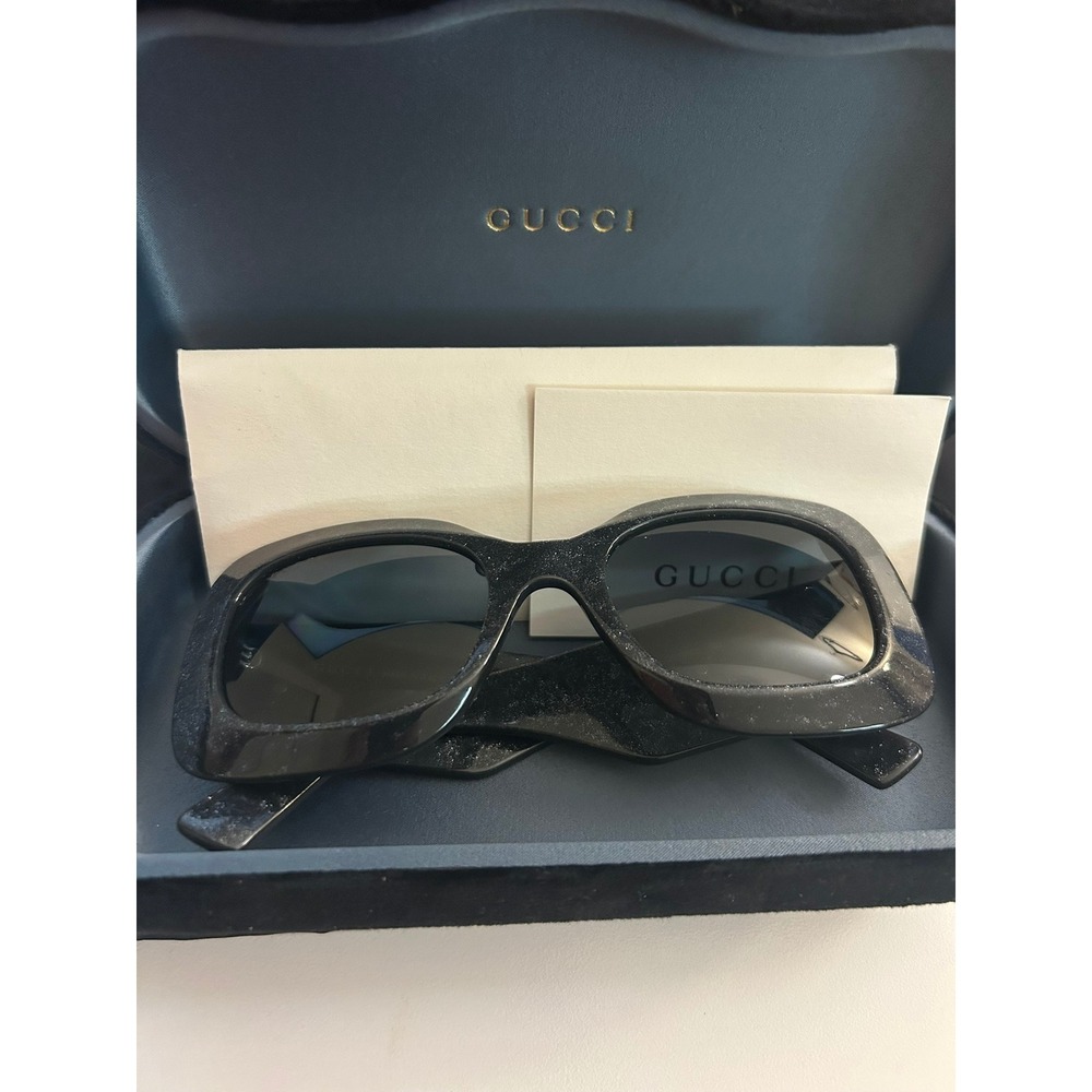 Gucci Black Blue Shimmer Square Sunglasses GG0178S Interlocking G Logo
